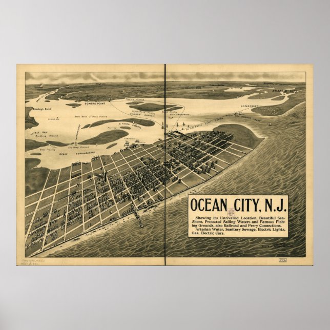 1903 Ocean City, NJ Birds Eye View Panoramic Map Poster (Front)