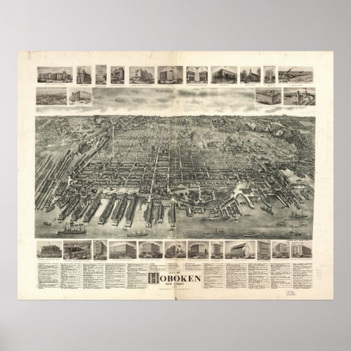 1904 Hoboken NJ Birds Eye View Panoramic Map Poster