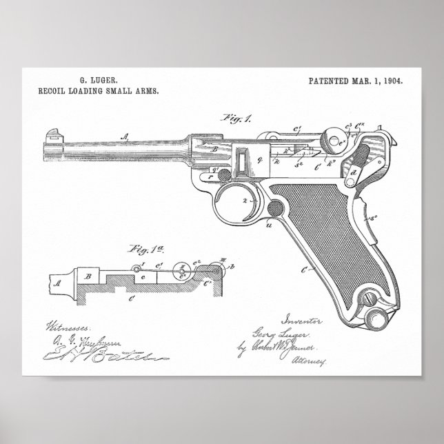 1904 Luger Gun Patent Art Drawing Print (Front)