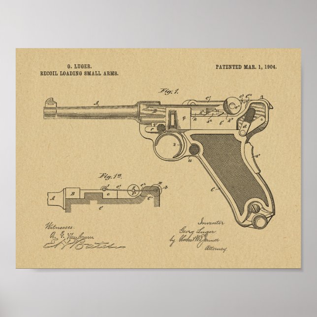 1904 Luger Gun Patent Art Drawing Print (Front)