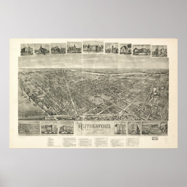 1904 Rutherford, NJ Birds Eye View Panoramic Map Poster (Front)