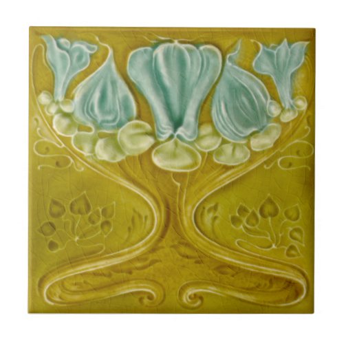 1905 Art Nouveau Gold Aqua Repro Faux Relief Ceramic Tile