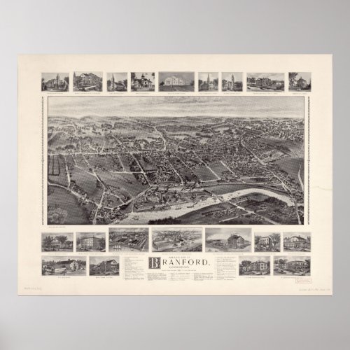 1905 Branford CT Birds Eye View Panoramic Map Poster