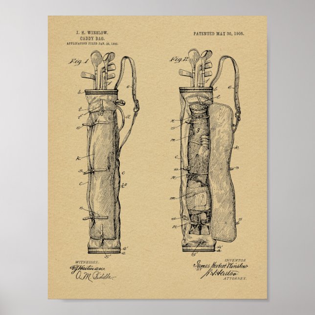 1905 Golf Club Caddy Bag Design Patent Art Print (Front)