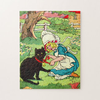 1905 little girl puts bow on her black cat jigsaw puzzle