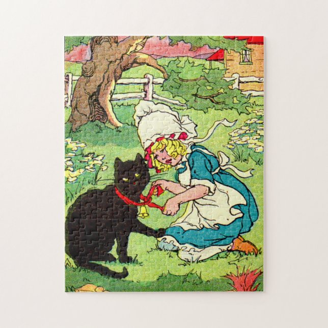1905 little girl puts bow on her black cat jigsaw puzzle (Vertical)