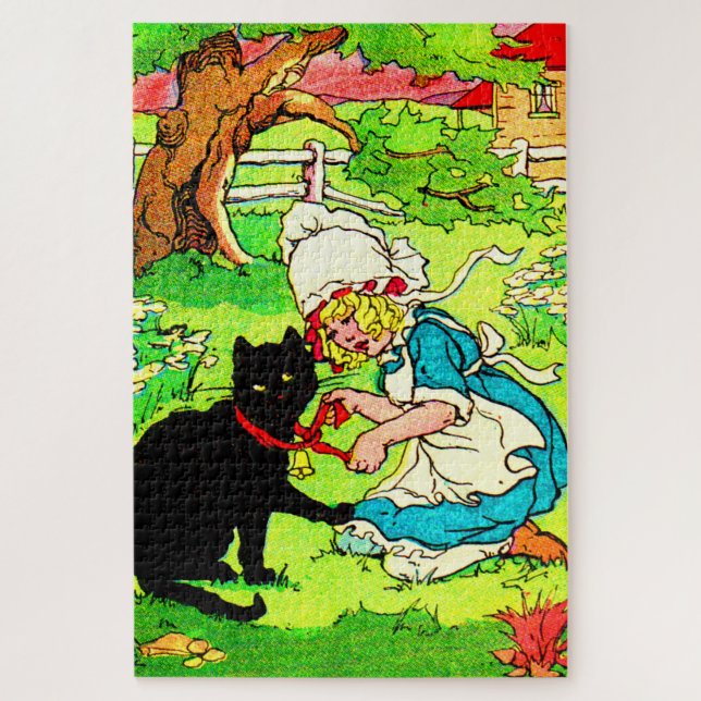 1905 little girl puts bow on her black cat jigsaw puzzle (Vertical)
