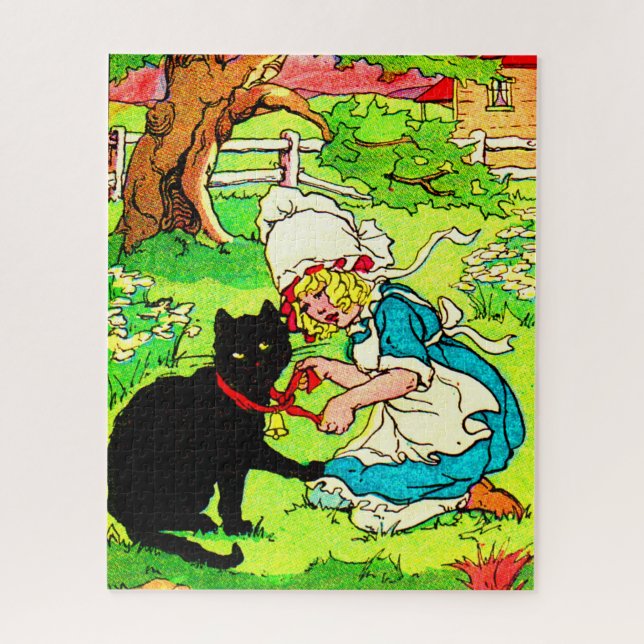 1905 little girl puts bow on her black cat jigsaw puzzle (Vertical)