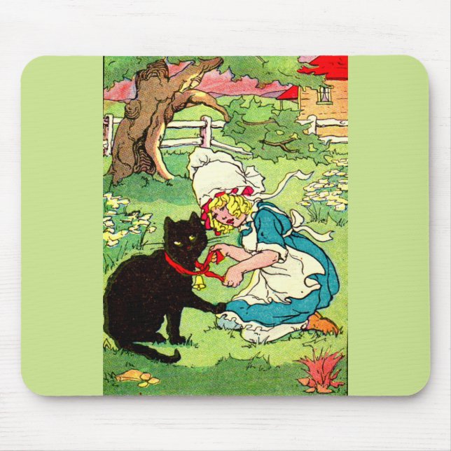 1905 little girl puts bow on her black cat mouse pad (Front)
