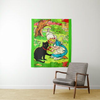 1905 little girl puts bow on her black cat tapestry