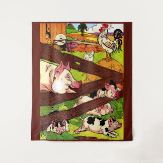 1905 pigs and chickens print tapestry