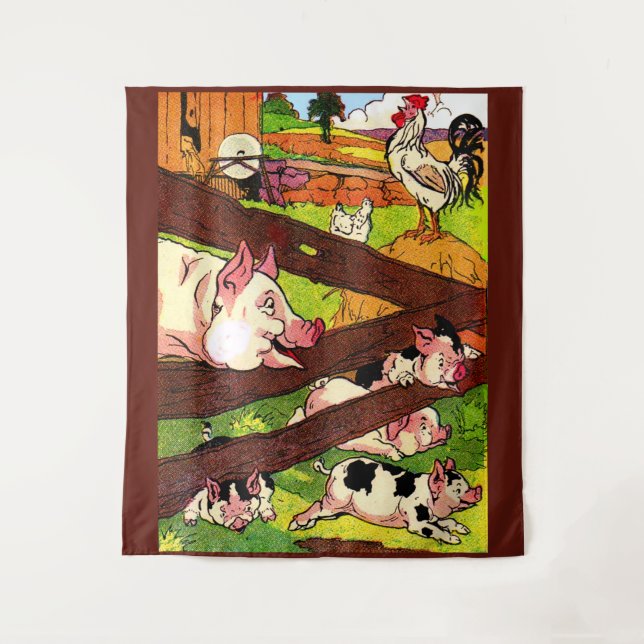 1905 pigs and chickens print tapestry (Front)