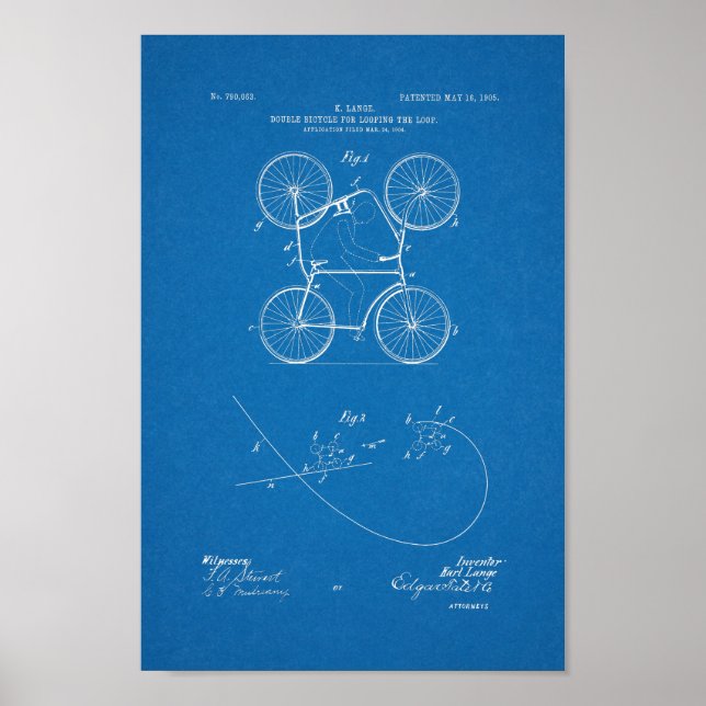 1905 Vintage Double Bicycle Patent Blueprint Art Poster (Front)