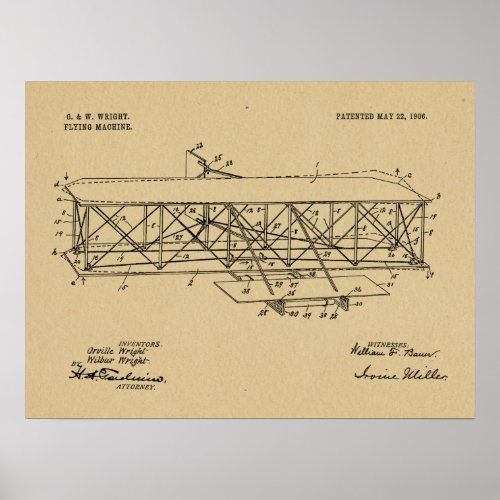 1906 Wright Brothers Airplane Patent Drawing Print