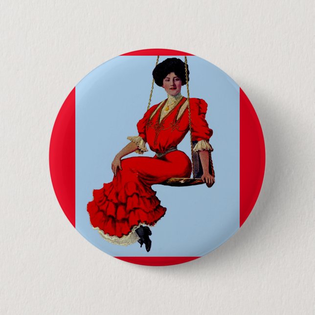 1907 pretty lady on a swing button (Front)