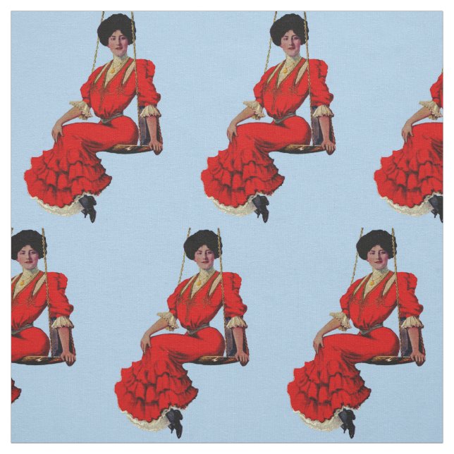 1907 pretty lady on a swing print fabric (Swatch)