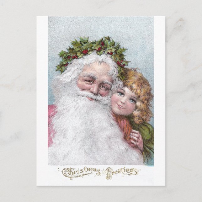 1907 Santa with Holly Crown and Girl Holiday Postcard (Front)