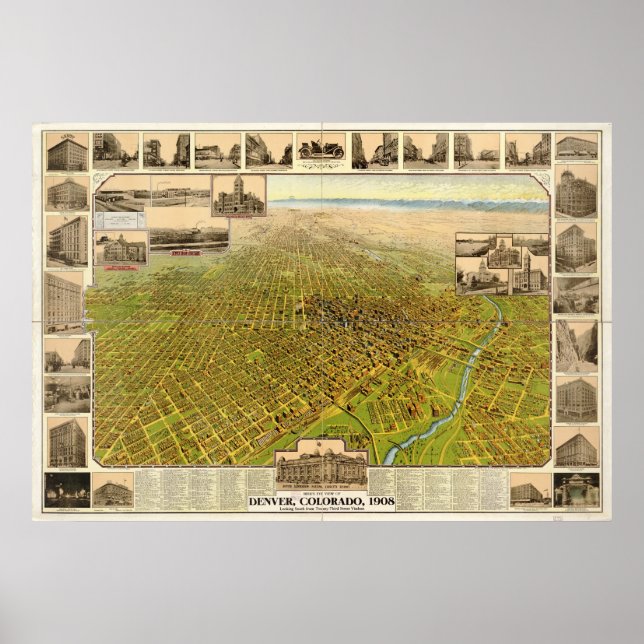 1908  Denver CO Birds Eye View Panoramic Map Poster (Front)