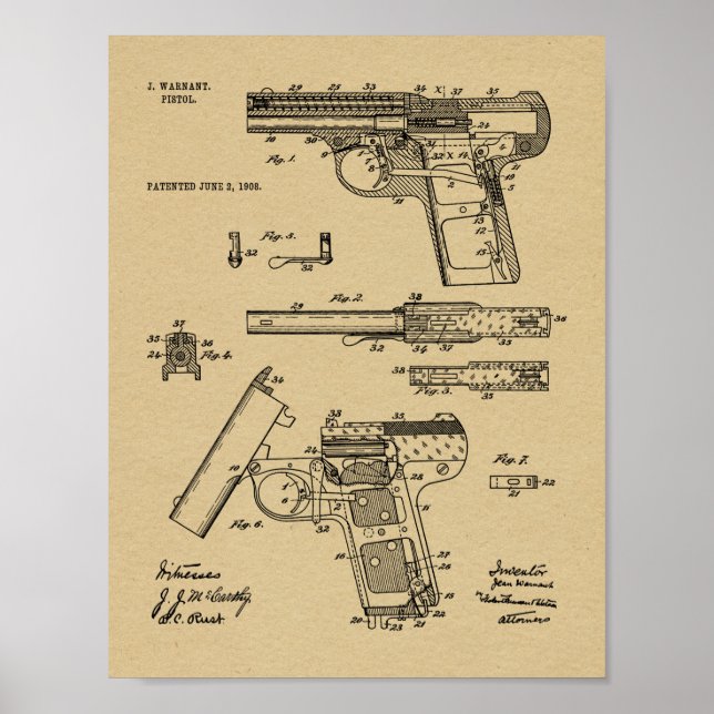 1908 Gun Warnant Patent Art Drawing Print (Front)