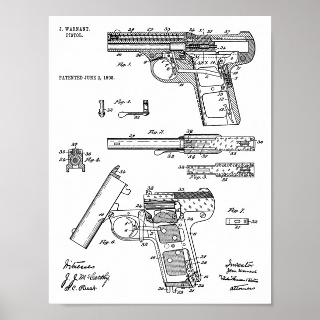 1908 Gun Warnant Patent Art Drawing Print (Front)