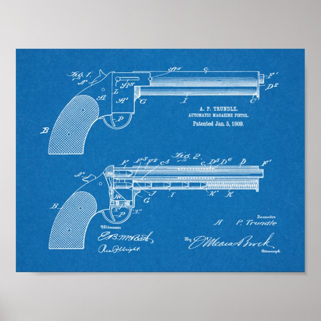 1909 Gun Auto Patent Art Drawing Print (Front)