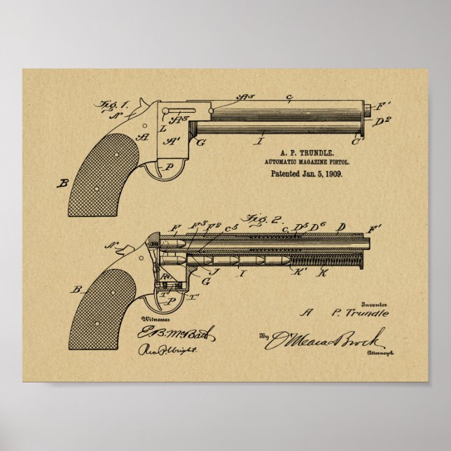 1909 Gun Auto Patent Art Drawing Print (Front)