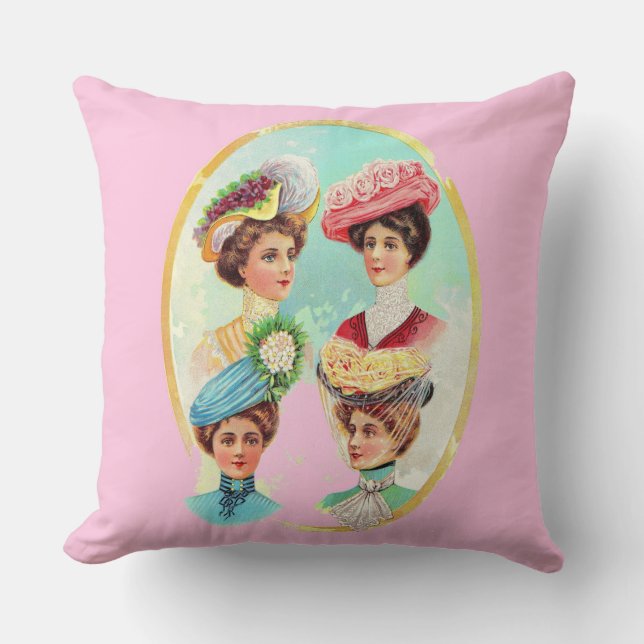 1910 dainty summer hats print throw pillow (Front)