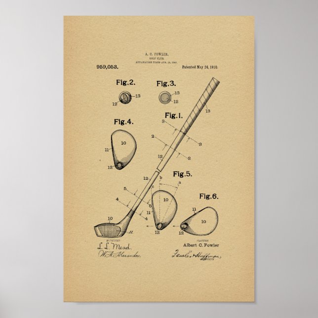 1910 Vintage Golf Club Patent Art Print (Front)
