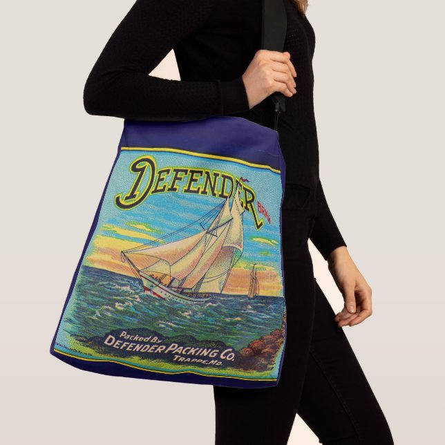 1910s Defender brand packing sailboat label Crossbody Bag (Close Up)