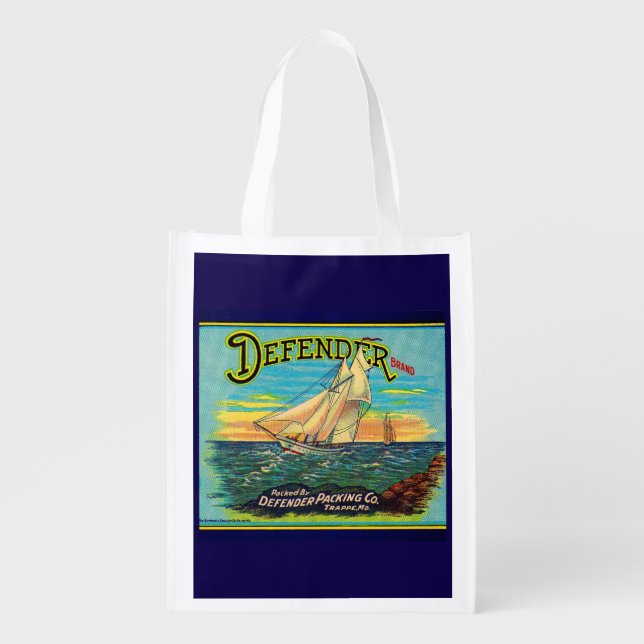 1910s Defender brand packing sailboat label Grocery Bag (Front)