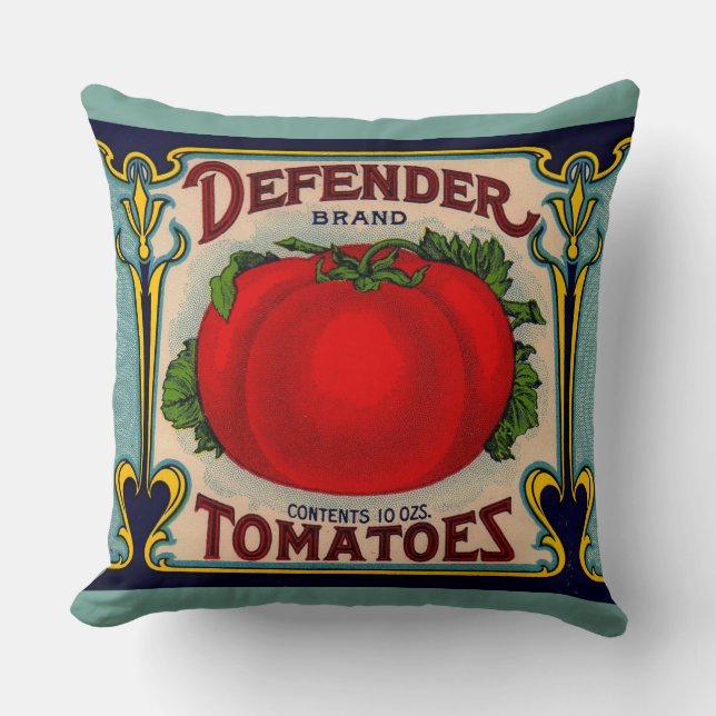 1910s Defender brand tomatoes label Throw Pillow (Front)