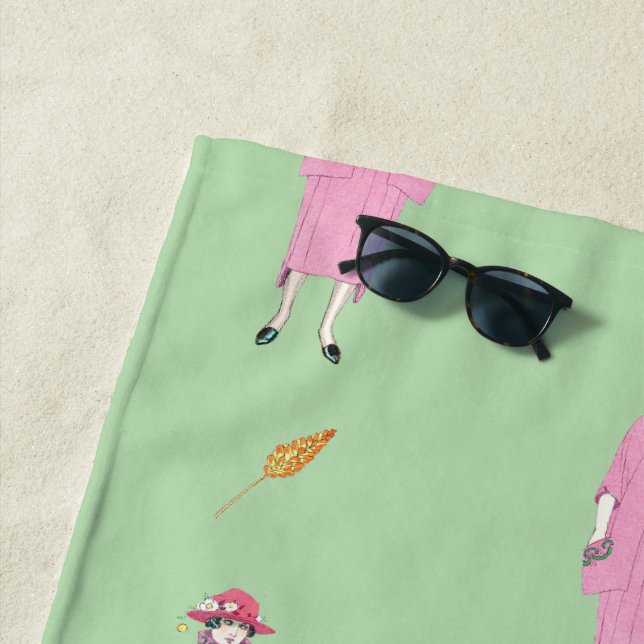 1910s Fashion Illustration Lady & Pekingese Dog Beach Towel (In Situ)