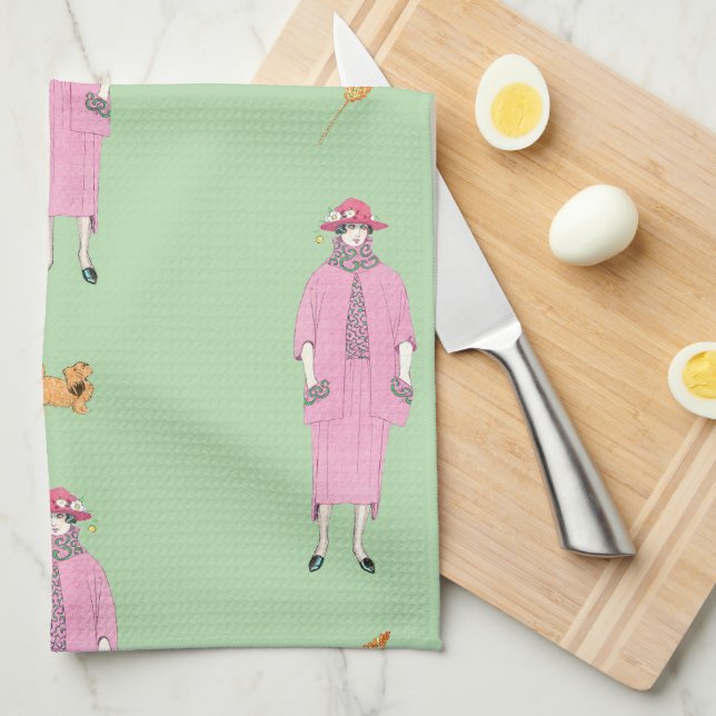 1910s Fashion Illustration Lady & Pekingese Dog Kitchen Towel (Quarter Fold)