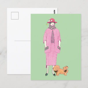 1910s Fashion Illustration Lady & Pekingese Dog Postcard
