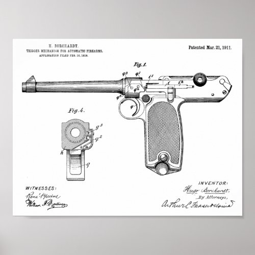 1911 Automatic Gun Patent Art Drawing Print