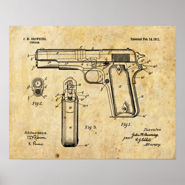 1911 Colt Browning Gun Patent Art Drawing Print (Front)