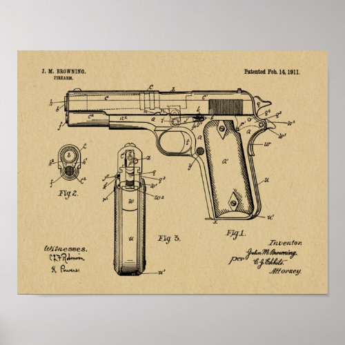 1911 Colt Browning Gun Patent Art Drawing Print