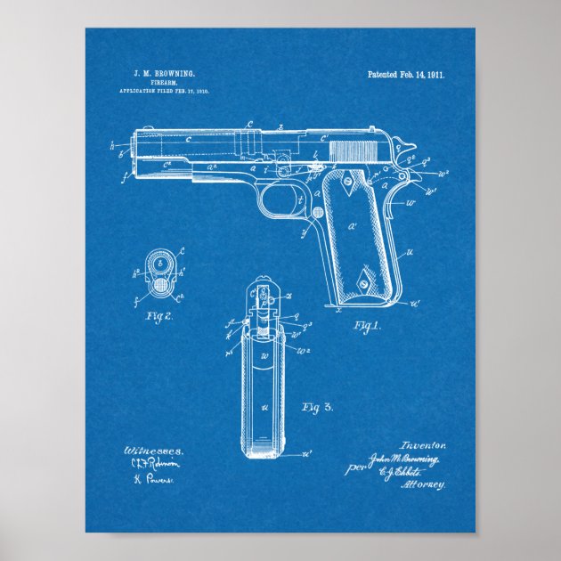 1911 Handgun Browning Official Patent Blueprint Framed Poster 14x20 inch Poster Foundry 180753