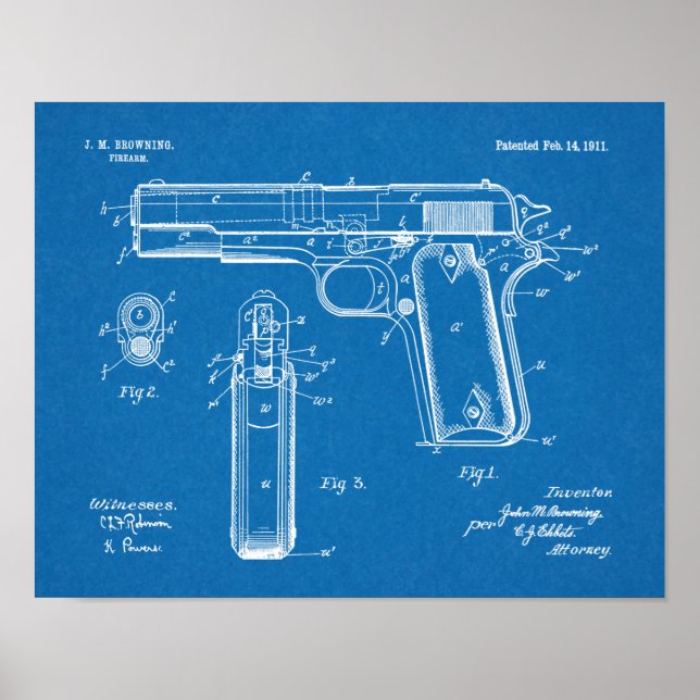 1911 Colt Browning Gun Patent Art Drawing Print (Front)