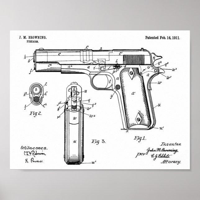1911 Colt Browning Gun Patent Art Drawing Print (Front)