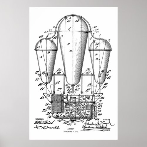 1911 Old Airship Balloon Patent Art Drawing Print