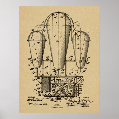 1911 Old Airship Balloon Patent Art Drawing Print
