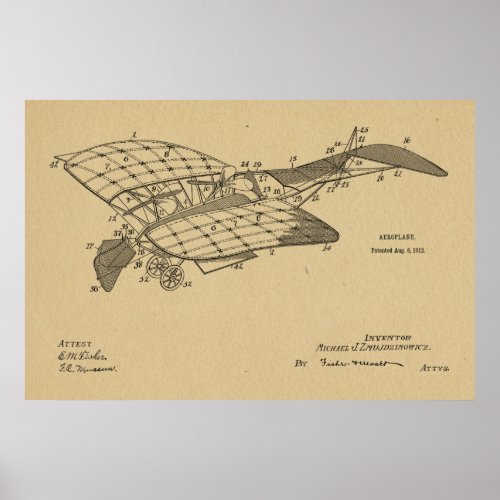 1912 Aeroplane Airplane Patent Art Drawing Print