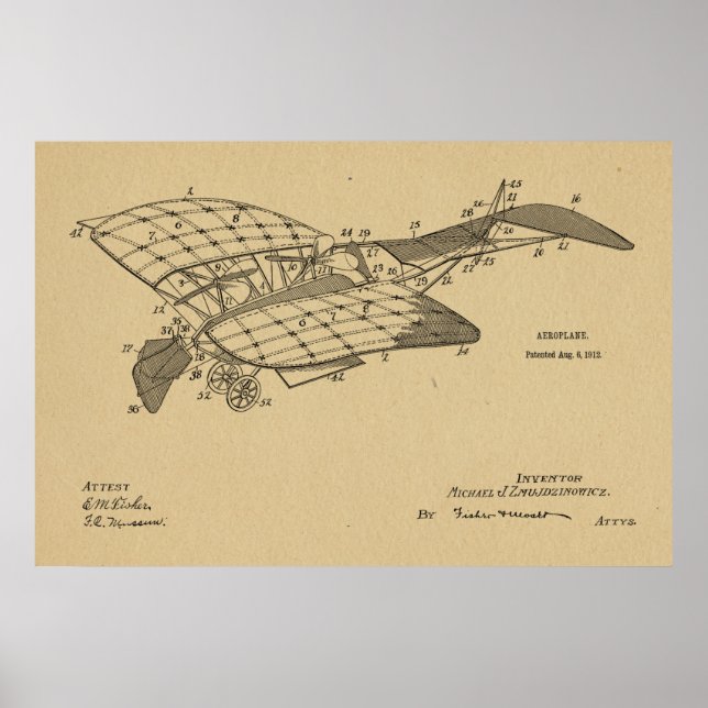 1912 Aeroplane Airplane Patent Art Drawing Print (Front)