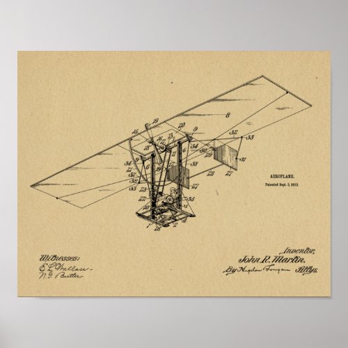 1912 Flying Machine Airplane Patent Art Drawing Poster