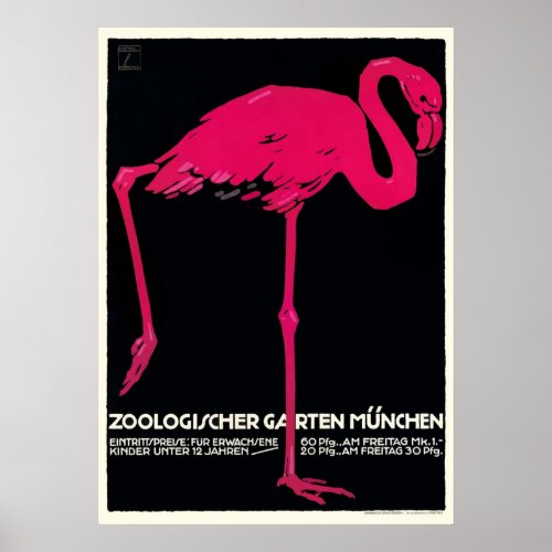 1912 Ludwig Hohlwein Munich Zoo Flamingo Poster