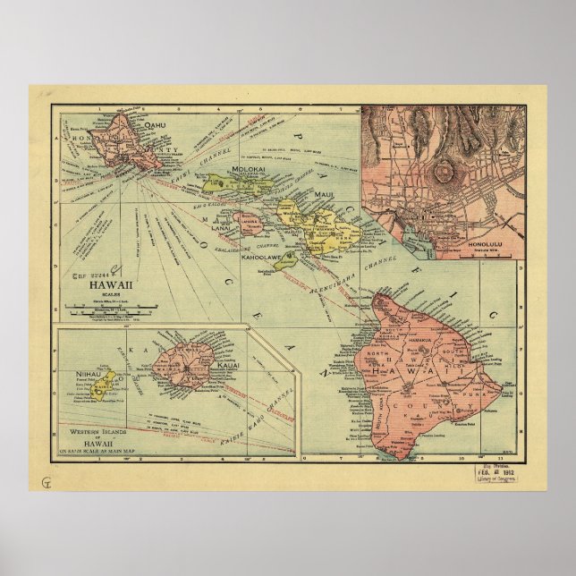1912 Map of Hawaii Hawaiian Islands Poster (Front)