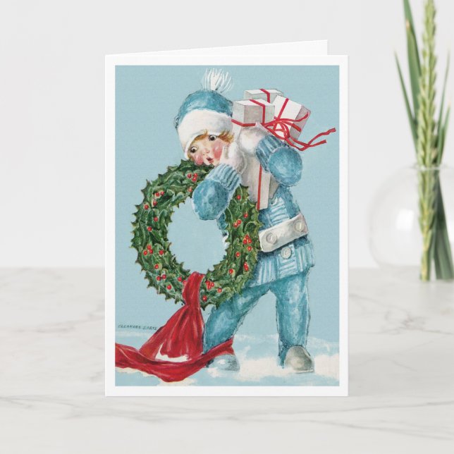 1913!!! "LITTLE BOY BLUE" SNOWY CHRISTMAS GREETING HOLIDAY CARD (Front)