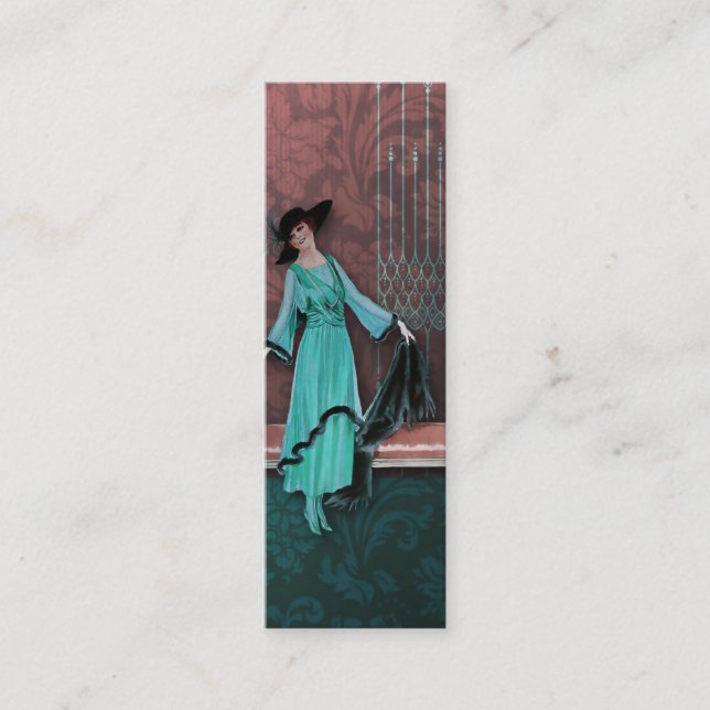 1913 Luxe: Vintage Fashion in Aqua and Rose Mini Business Card (Front)