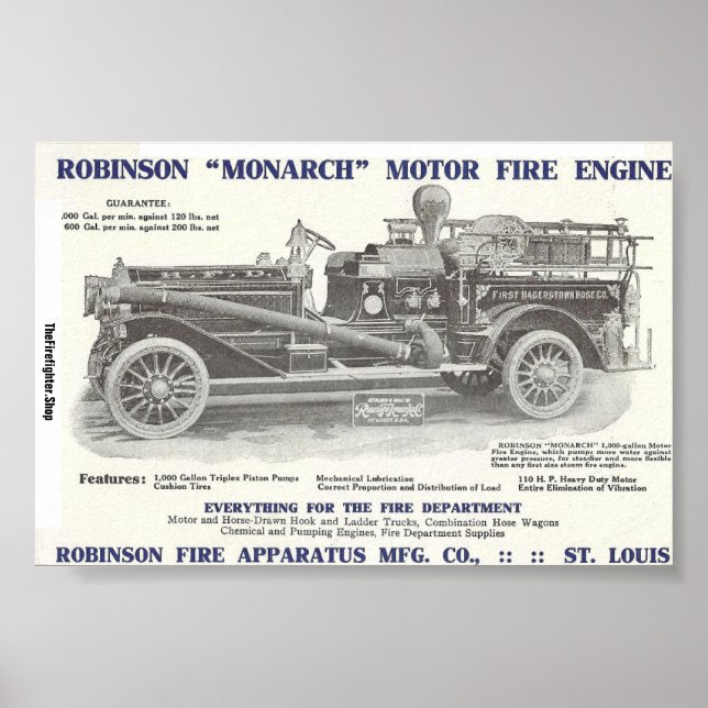 1913 Robinson "Monarch" Motor Fire Engine Poster (Front)